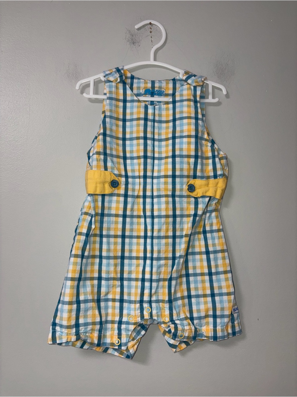 Rugged Butts Yellow Blue Plaid Jon Jon Sleeveless Romper Boys 12-18M
